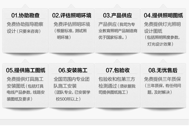 我司提供一站式教育照明解決方案：1、免費(fèi)協(xié)助指導(dǎo)勘察設(shè)計(jì)（只要來咨詢）2、免費(fèi)評估照明環(huán)境（根據(jù)標(biāo)準(zhǔn)，測試照明環(huán)境）3、產(chǎn)品供應(yīng)（我司為專業(yè)教育照明產(chǎn)品制造商，優(yōu)于國家標(biāo)準(zhǔn)。）4、免費(fèi)提供燈光照明設(shè)計(jì)圖紙（包括照明照度參數(shù)，燈光設(shè)計(jì)效果）5、免費(fèi)提供燈具施工安裝圖紙（包括燈具/電線產(chǎn)品參數(shù)，線路安裝圖紙及要求）6、全國范圍內(nèi)專業(yè)團(tuán)隊(duì)施工安裝（團(tuán)隊(duì)專業(yè)，已安裝學(xué)校500所以上）7、包驗(yàn)收和包第三方檢測通過（須依據(jù)我司提供圖紙施工）8、免費(fèi)提供三年質(zhì)保（三年質(zhì)保，有任何問題，及時解決）